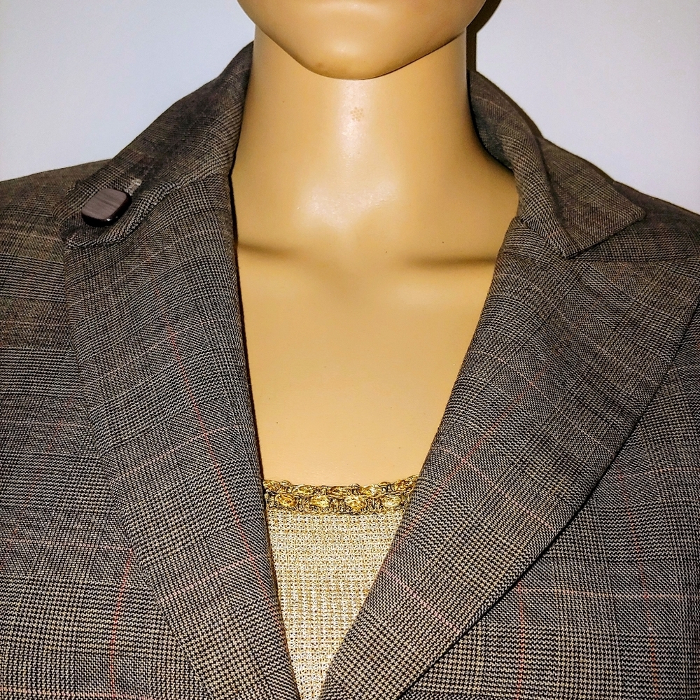 BILL BLASS 8 M/L HERRINGBONE BROWN TAN WOOL MODERN VTG TAILORED FIT SKIRT SUIT - Picture 4 of 14